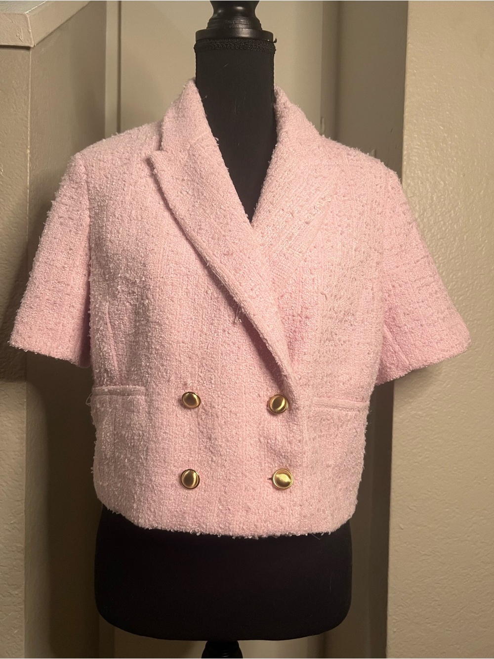 Express Light Pink Cropped Bouclé Double-Breasted Blazer